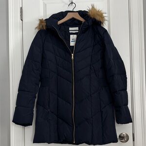 Cole Haan Dark Blue Puffer Jacket with Faux Fur Trim size XL perfect condition.